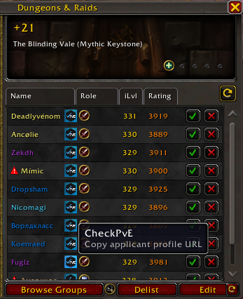 CheckPvE button on Group Finder applicant rows — hover to copy a profile URL